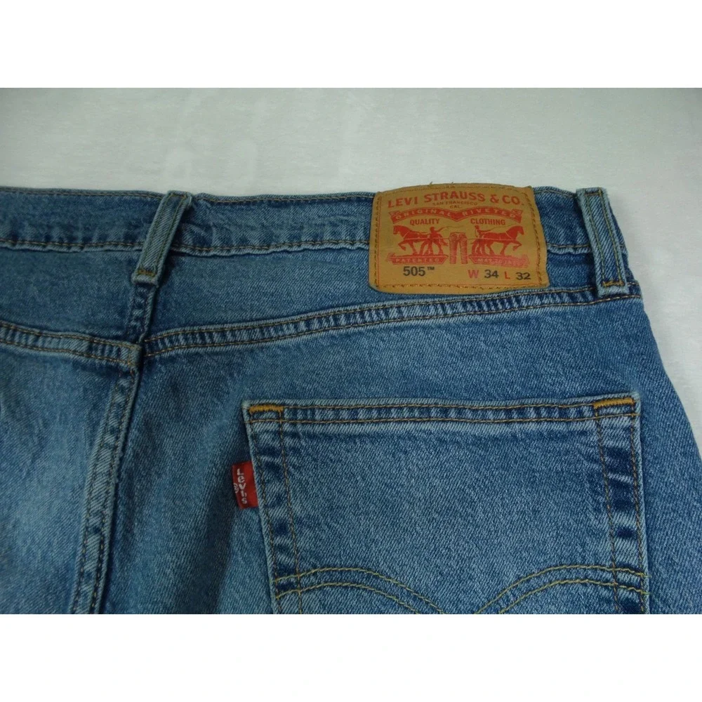 Levis 505 Mens Jeans 34 x 32 Blue Denim Straight Leg Regular Fit Stretch